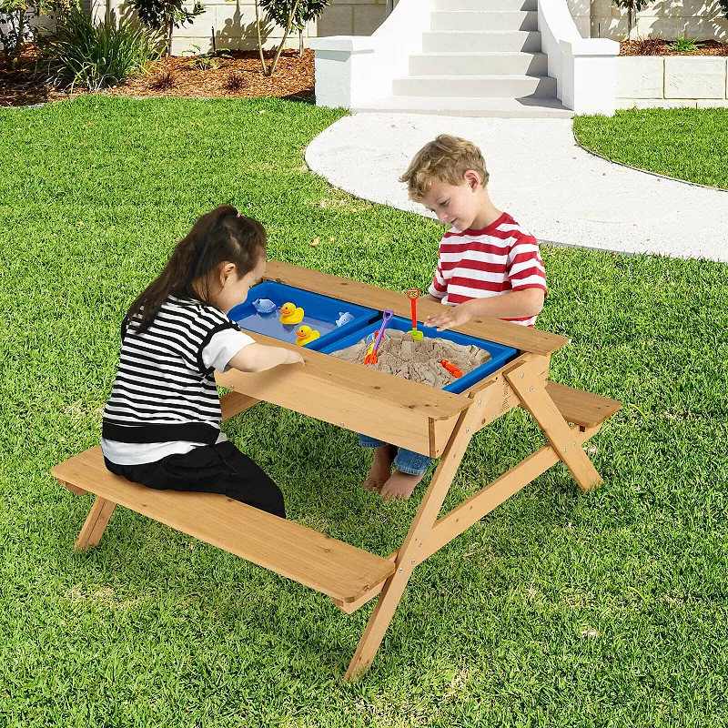 3-in-1 Kids Picnic Table Wooden Outdoor Water Sand Table with Play Boxes