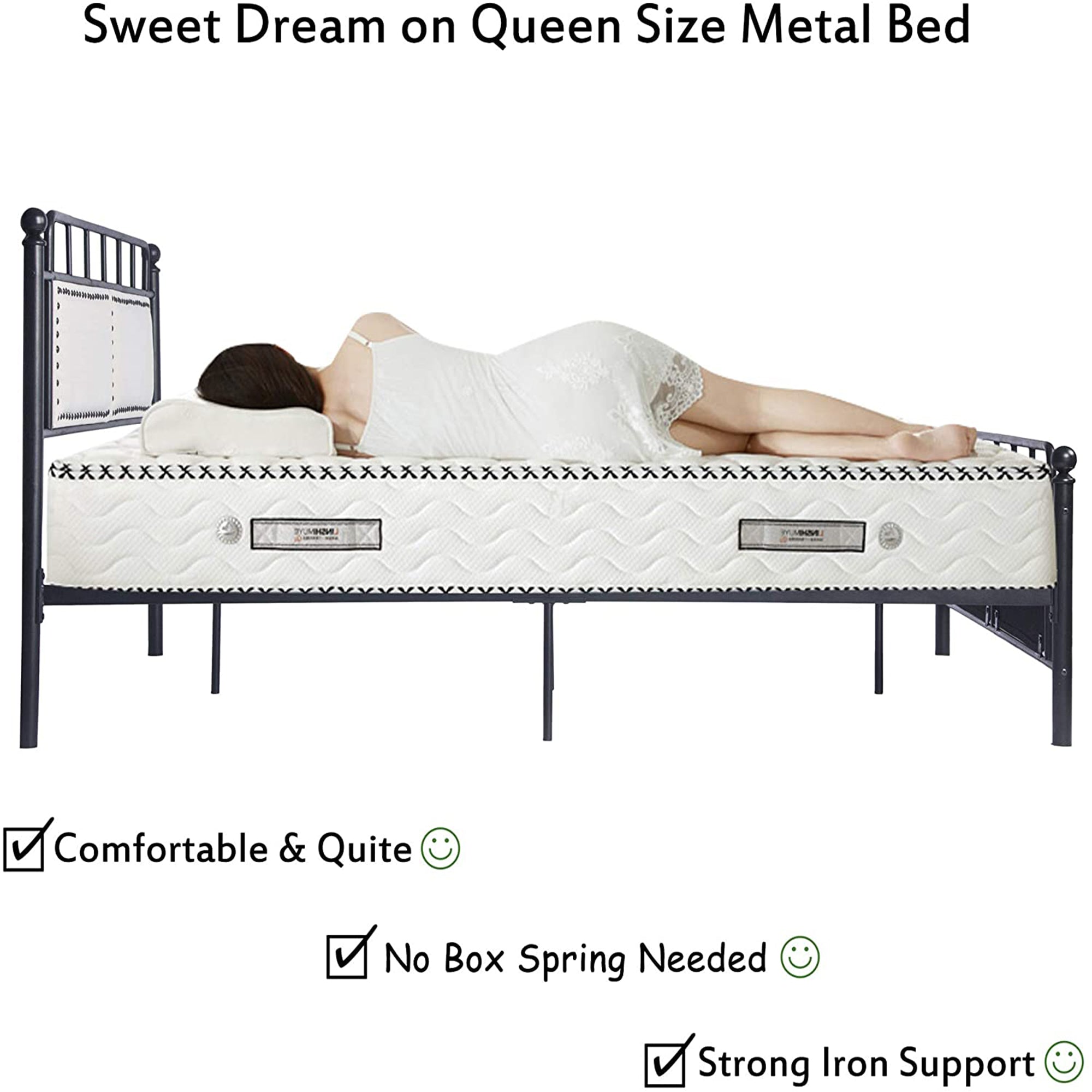 Karmas Product Metal Bed with Upholstered Headboard Heavy Duty Frame Steel Slat Support for Bedroom, Guest Room, No Box Spring, Mattress Foundation, Queen Size, Black