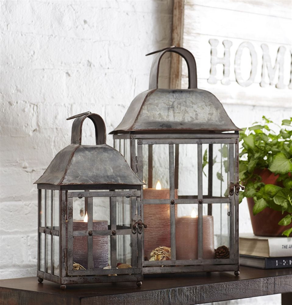 Set of 2 Slightly Distressed Rustic Metal Candle Lanterns 20.25”