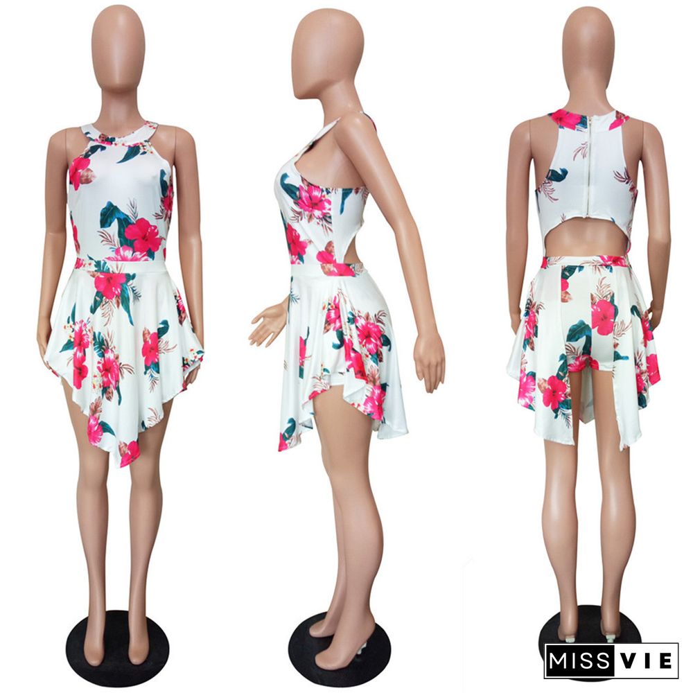 Floral Print Sleeveless Back Cut Out irregular Romper