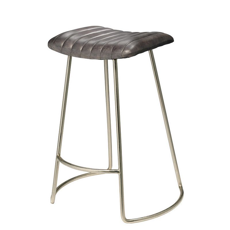 Counter Stool with Leatherette Vertical Channel Stitching， Gray and Silver