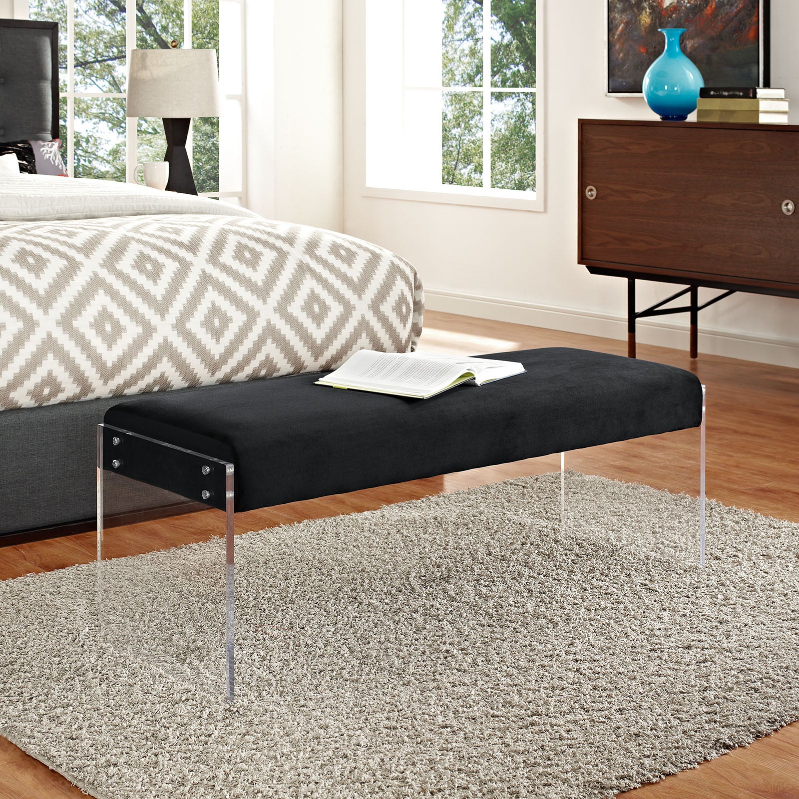 Modern Contemporary Urban Design Bedroom Living Room Bench, Black, Fabric Velvet