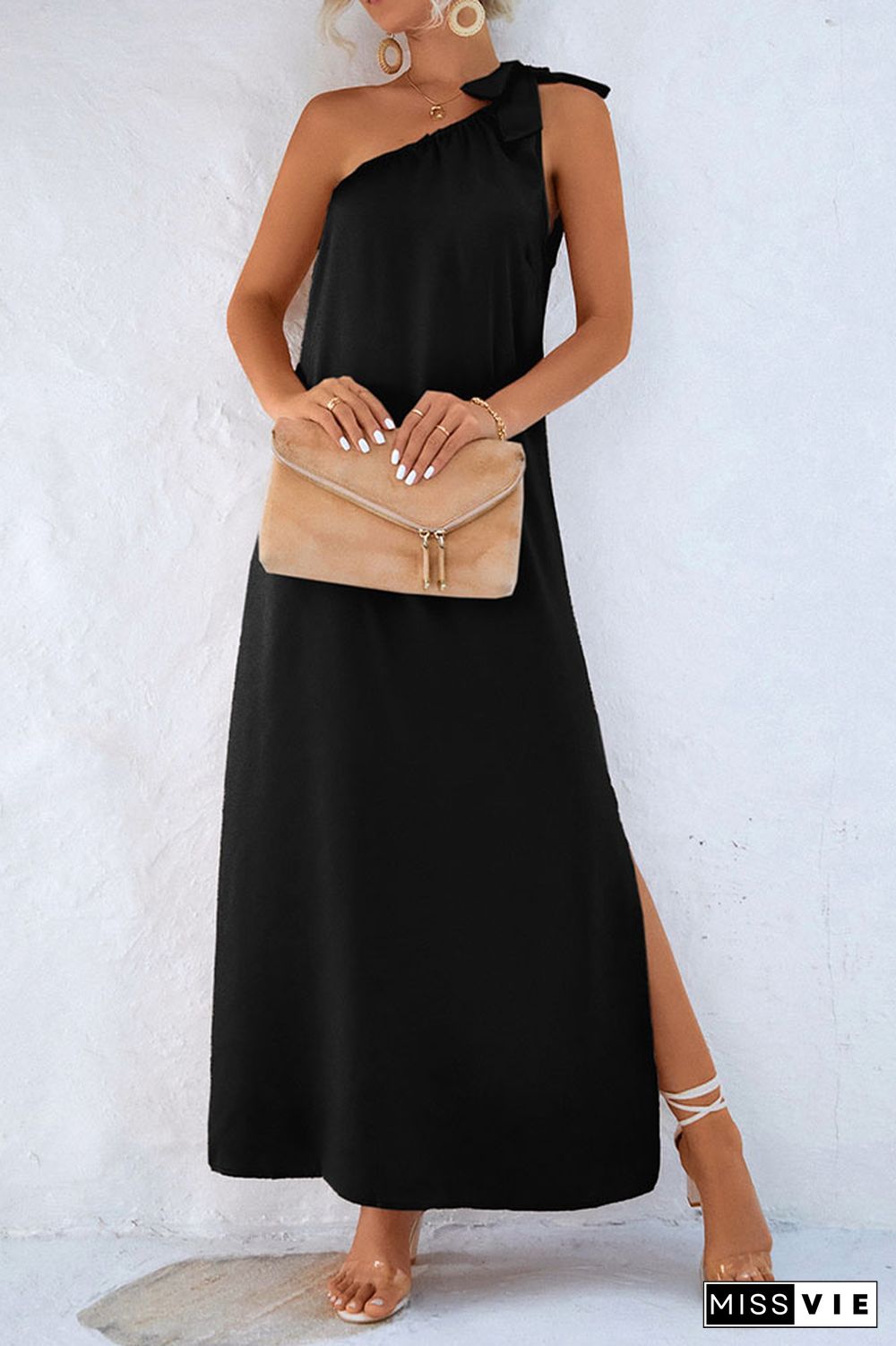 One Shoulder Tie Knot Split Maxi Dress