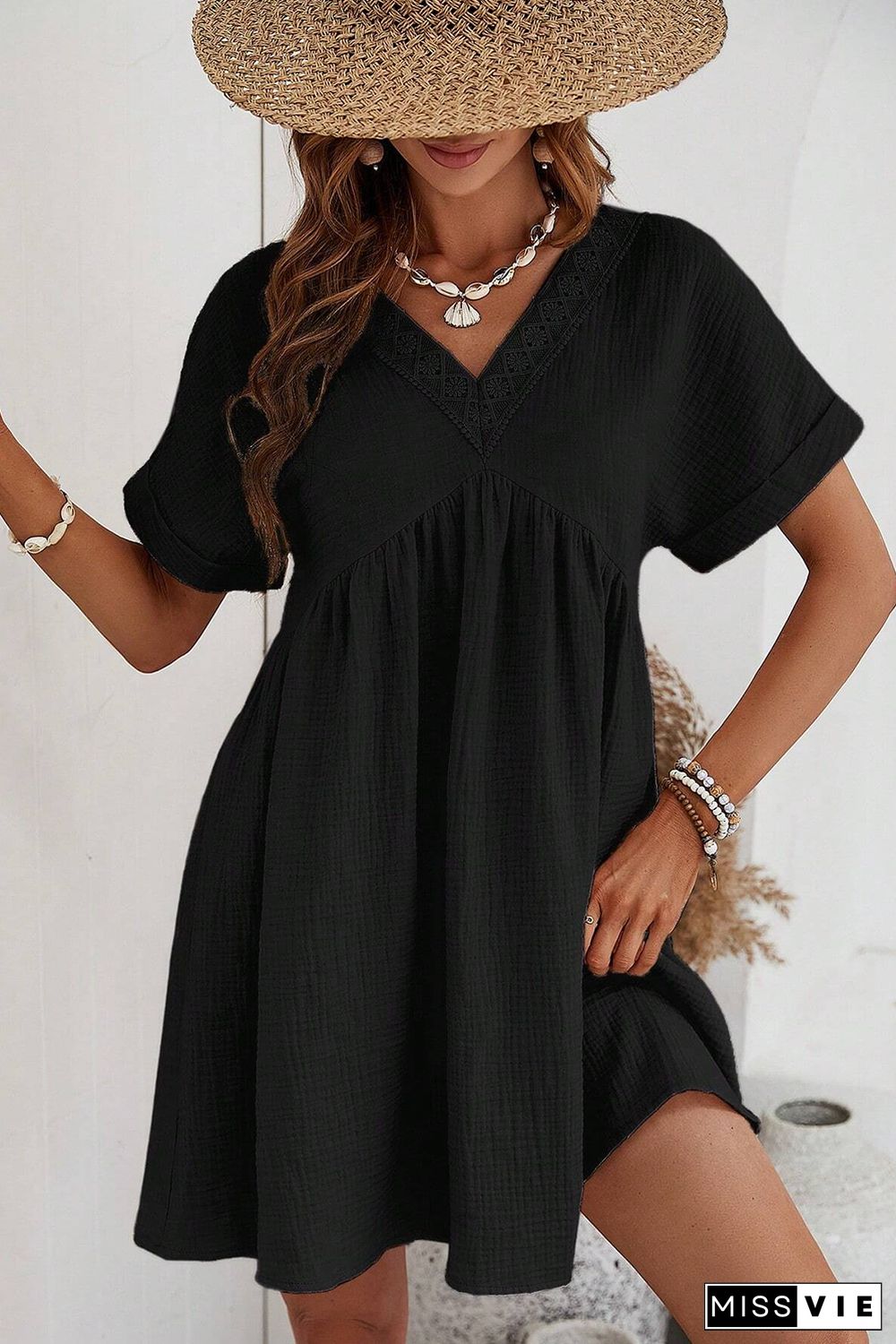 Folded Short Sleeve Lace V Neck Mini Dress