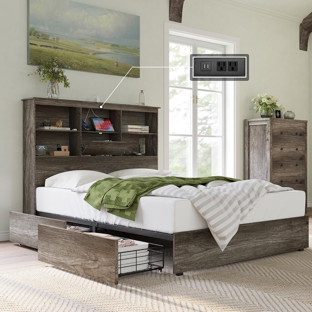 Queen Size Bed Frame Wooden Platform Bed with 51.2'' Storage Bookcase Headboard  4 Storage Drawers   Charging Station