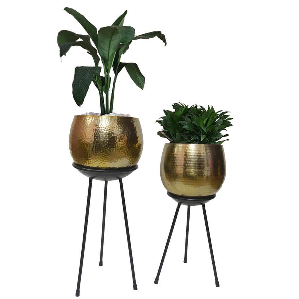 Uniquewise Set of 2 Contemporary Gold Hammered Metal Flower Planter Holder with Black Stand for Entryway Living Room or Dining QI004245