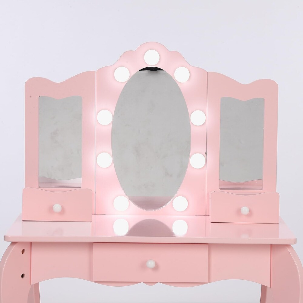 Girls Vanity Table with Tri Folding Mirror  Light Stool   Drawer