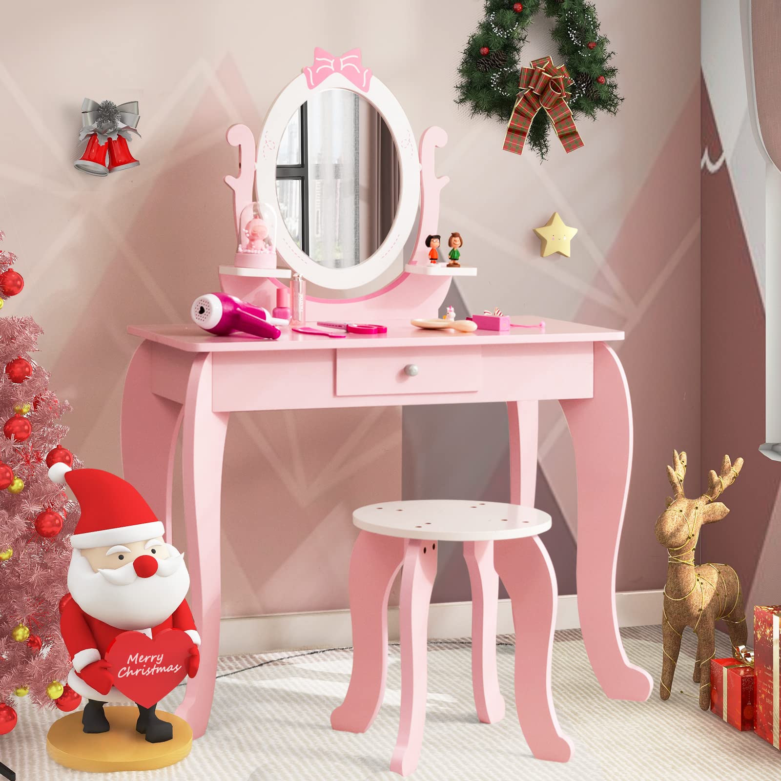 Costzon Kids Vanity Set with Mirror, 2 in 1 Princess Makeup Dressing Table