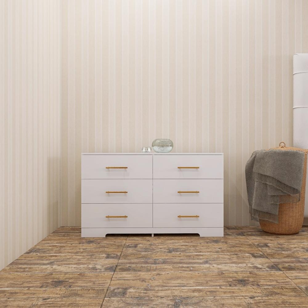 White Large 6 Drawers Chest of Dressers Table with Golden Handle