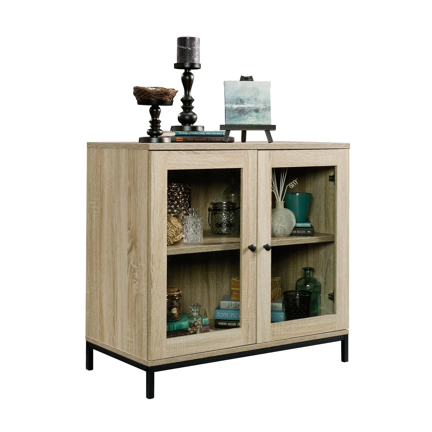 Curiod 2-Door Glass-Fronted Wooden Display Cabinet or TV Stand， Charter Oak Finish