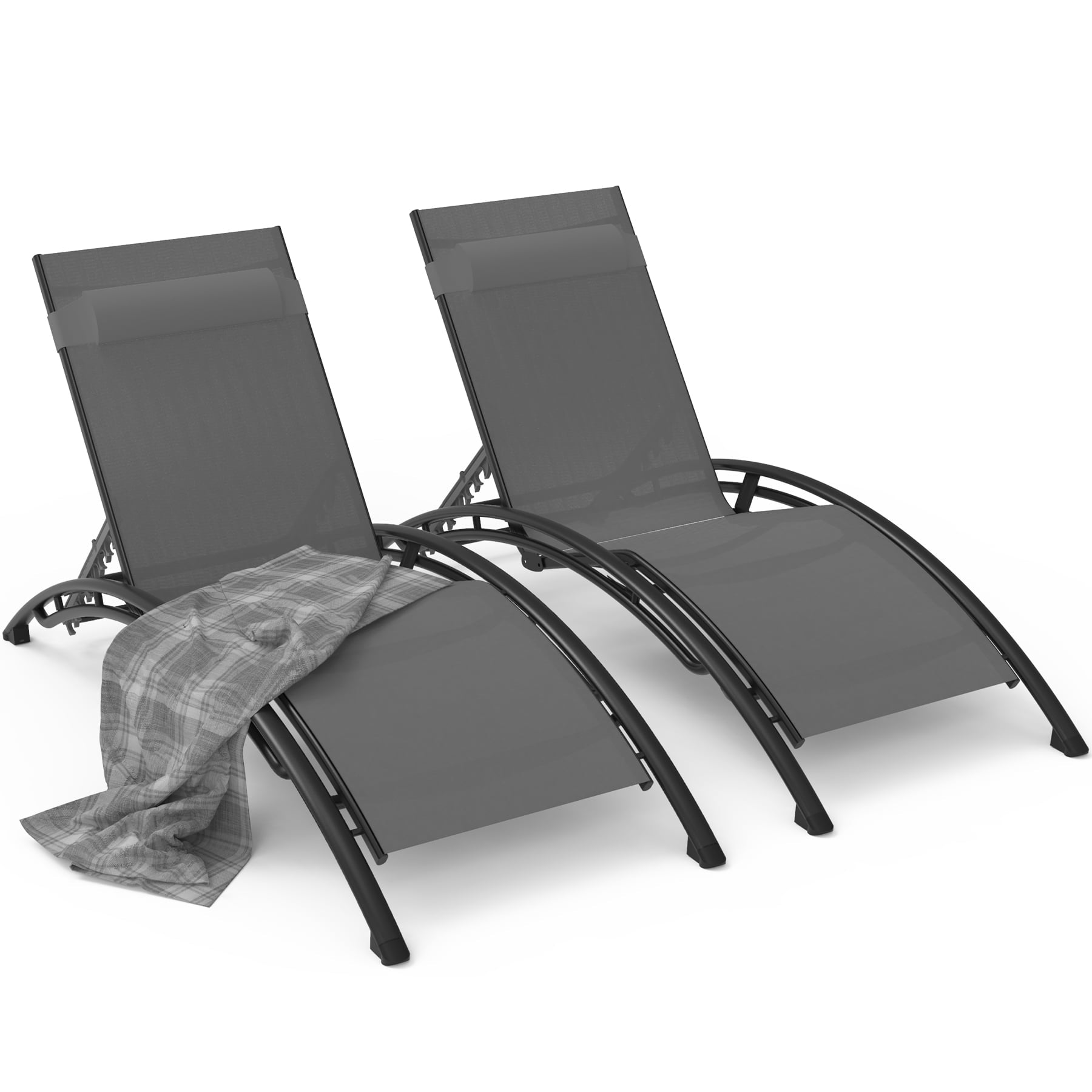 Domi Outdoor Chaise Lounge Set of 2 Patio Recliner Chairs with Adjustable Backrest and Removable Pillow for Indoor&Outdoor Beach,Pool,Sunbathing,Lawn,Dark Grey