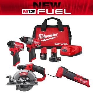 MW M12 FUEL 12-Volt Cordless Hammer Drill and Impact Driver with M12 FUEL 5-38 in. Circular Saw and Multi-Tool Combo Kit 3497-22-2530-20-2526-20