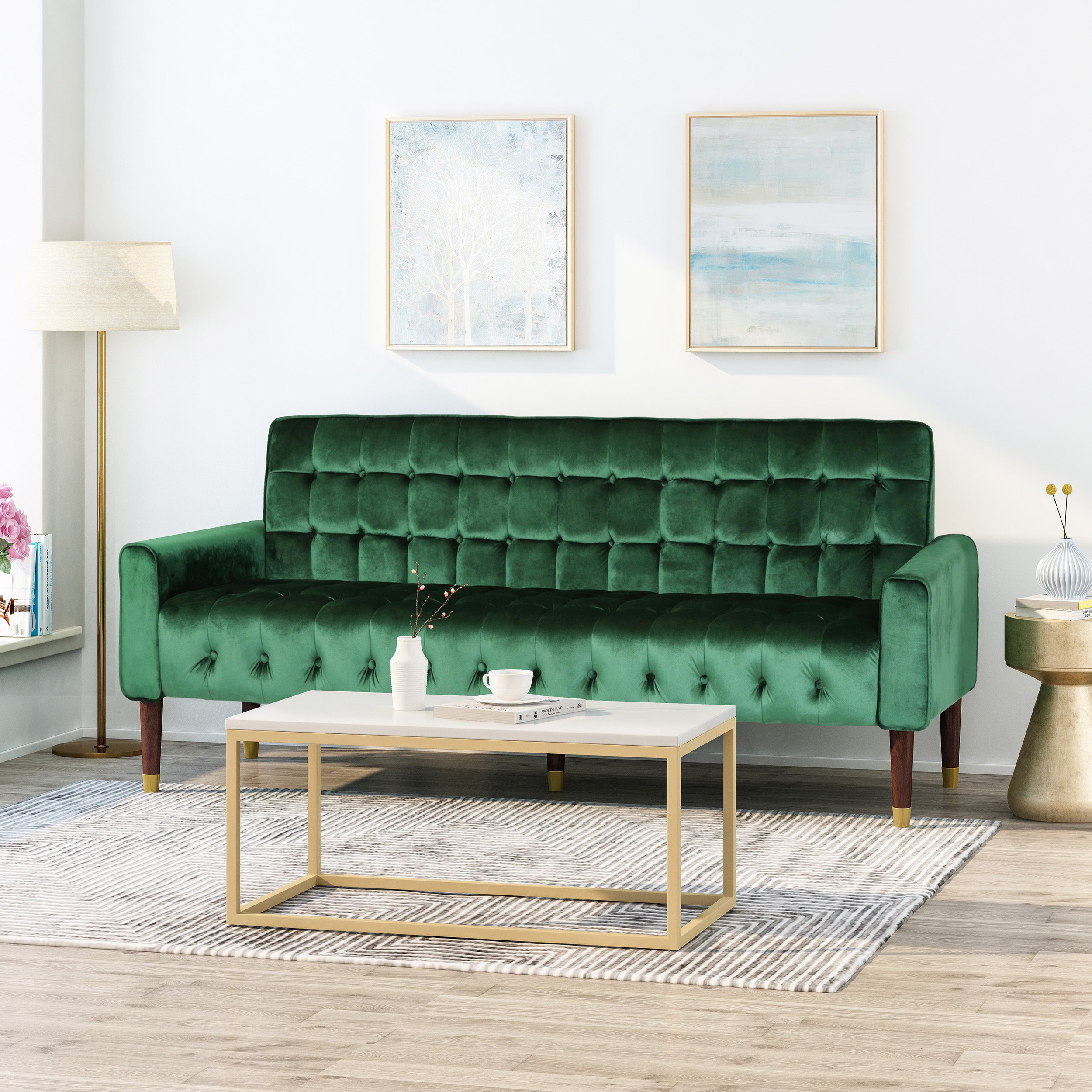 Adan Tufted Velvet Sofa with Gold Tipped Tapered Legs