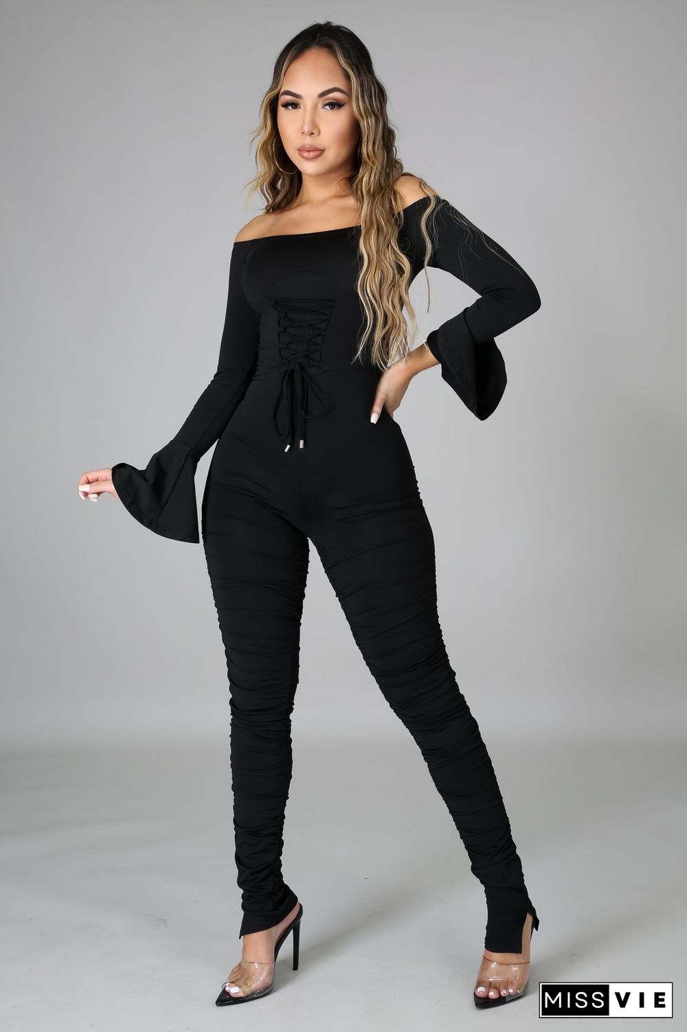 Bell Sleeves Eyelets Straps Slits Jumpsuits