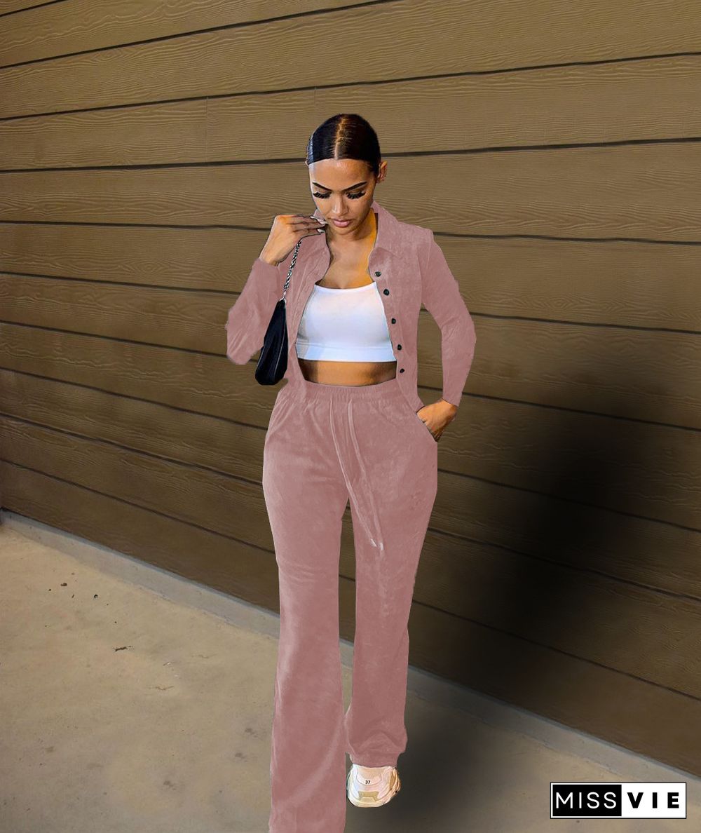 Velvet Button Crop Jacket Joggers Pants Set