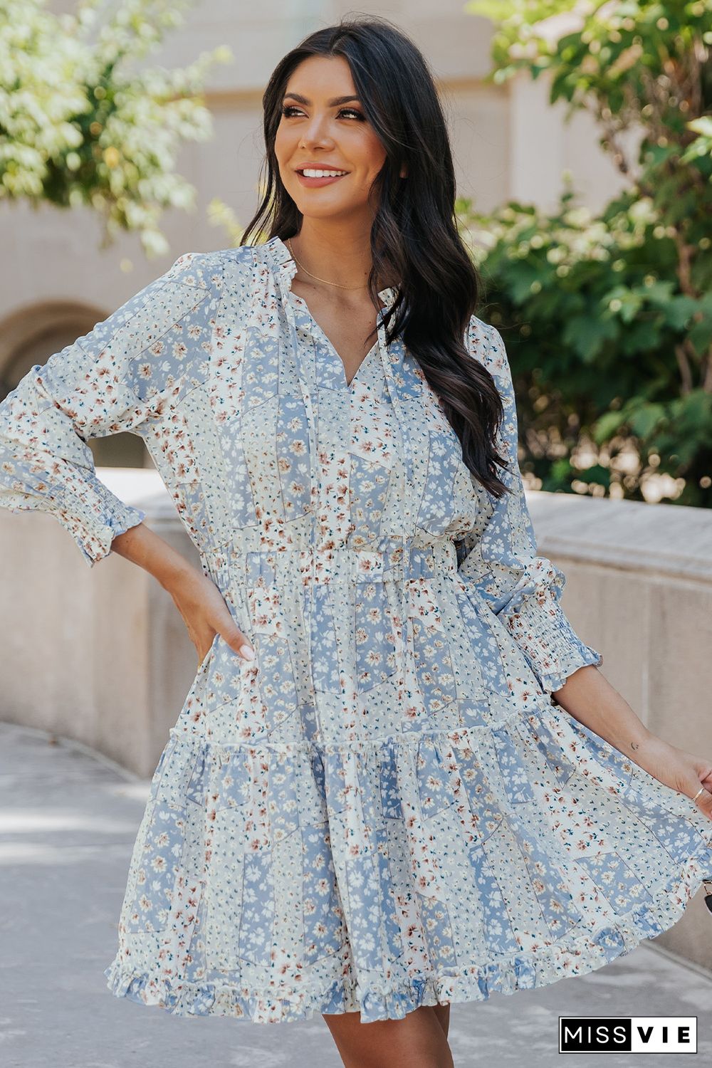 Sky Blue Floral Split V Neck Tiered Ruffle Dress