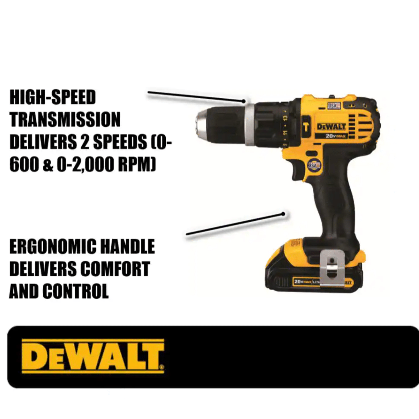 Dewalt DCD785C2 20-Volt MAX Cordless Compact 1/2 in. Hammer Drill/Driver with Batteries， Charger and Bag