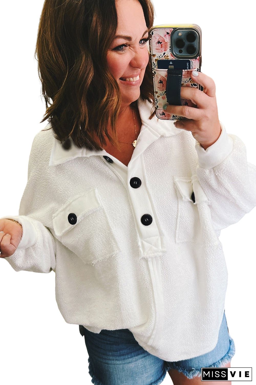 Plus Size Long Sleeve Flap Pocket Henley Top