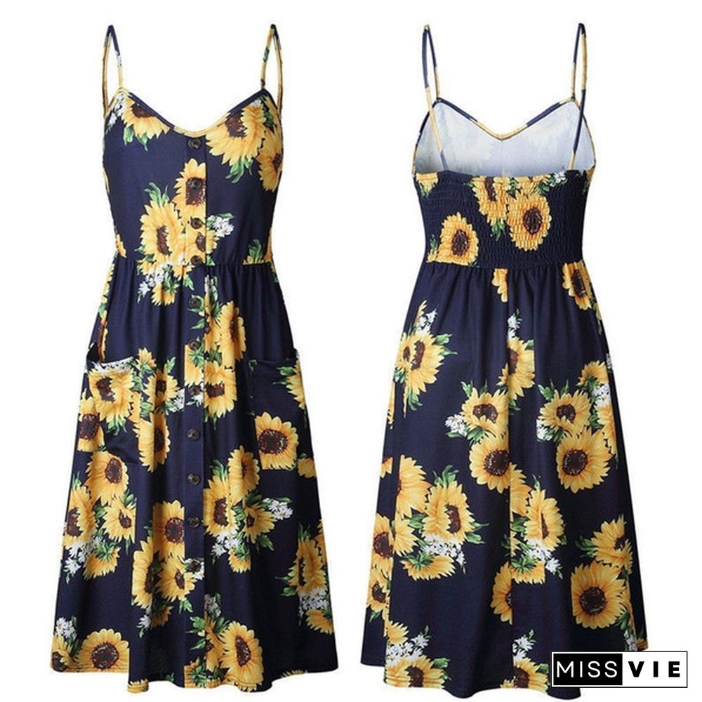 New Summer Women Strap Sundress Boho Style Midi Dress Evening Party Casual Dress Sunflower Print Dresses