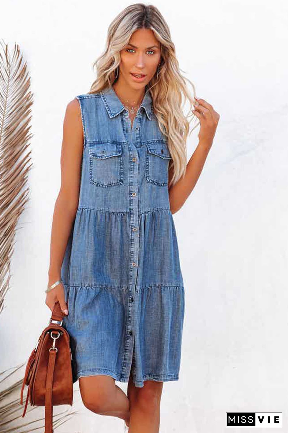 Sky Blue Flap Pockets Button up Sleeveless Denim Dress