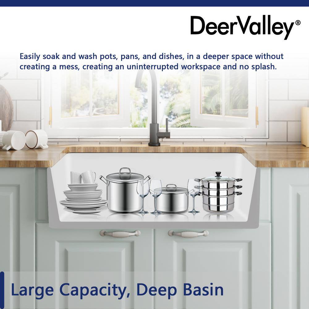 DEERVALLEY DeerValley Feast White Ceramic 33 in. L Rectangular Single Bowl Farmhouse Apron Kitchen Sink with Grid and Strainer DV-1K119