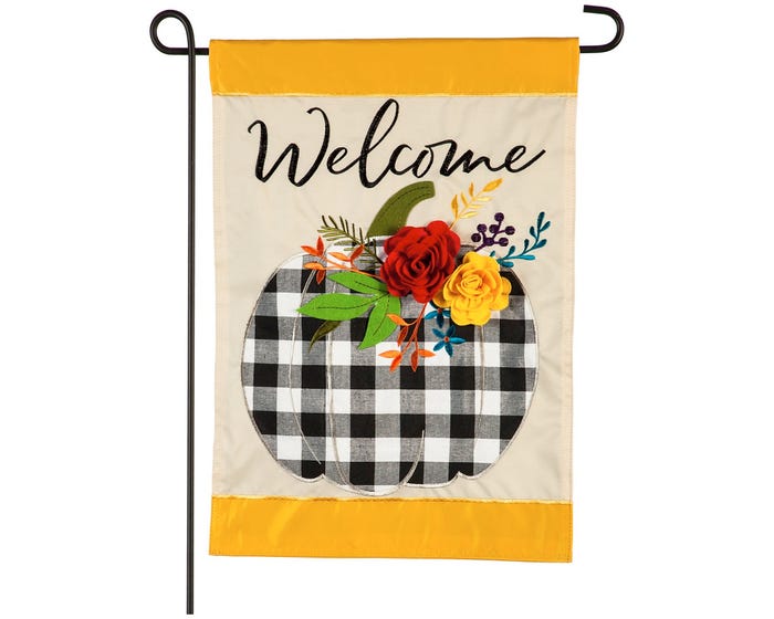 Evergreen Welcome Floral Plaid Pumpkin Garden Applique Flag - 169093