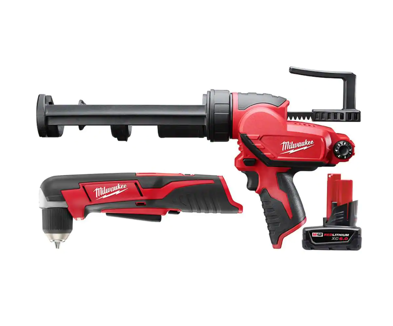 Milwaukee 2415-20-2441-20-48-11-2460 M12 12V Lithium-Ion Cordless 3/8 in. Right Angle Drill with 10 oz. Caulk and Adhesive Gun and 6.0 Ah XC Battery Pack