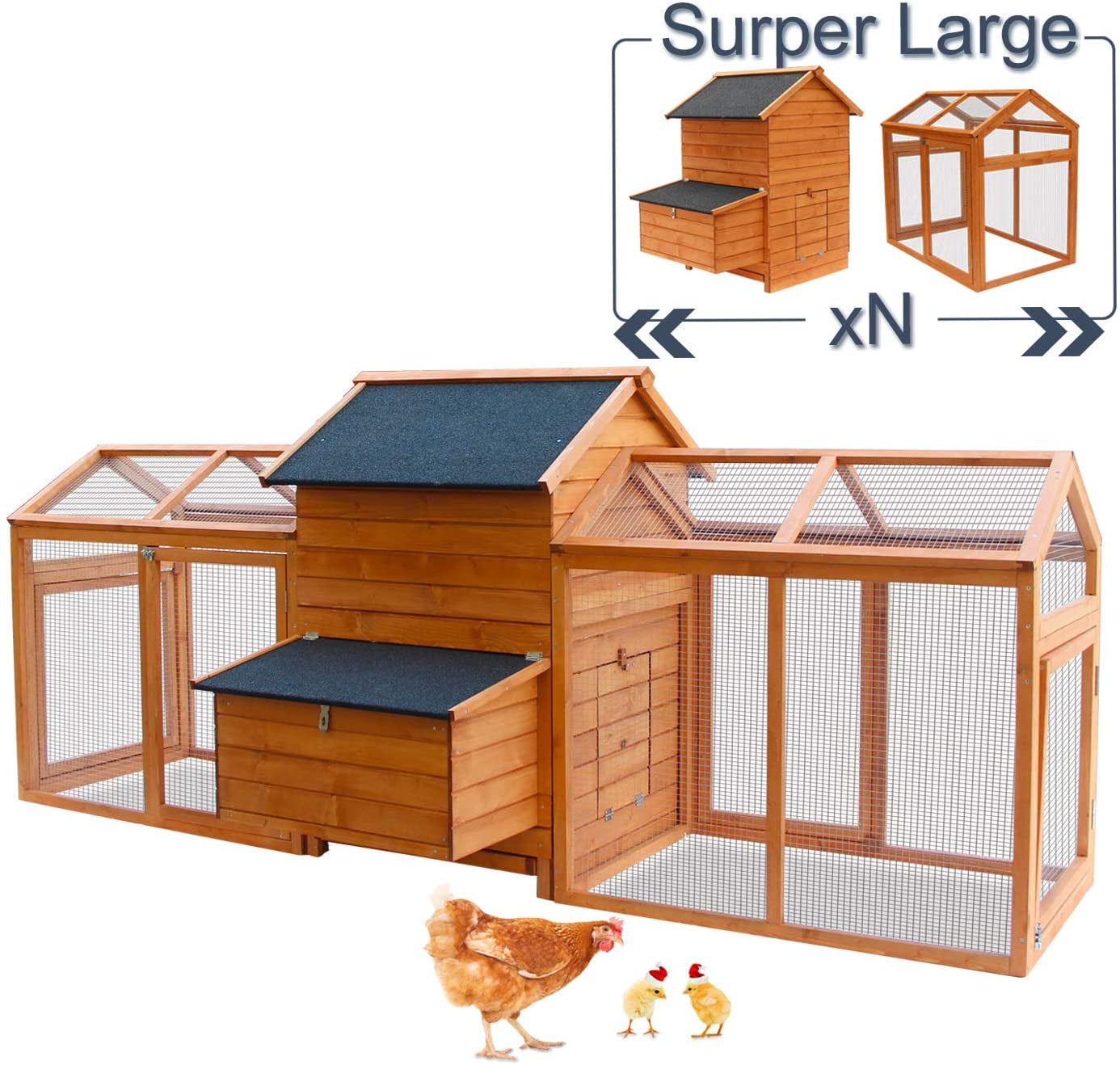 Kinbor Wooden Chicken Coop Outdoor Large Hen House w/Nesting Box Poultry Cage Rabbit Hutch w/Removable Tray & Ramp-Main House