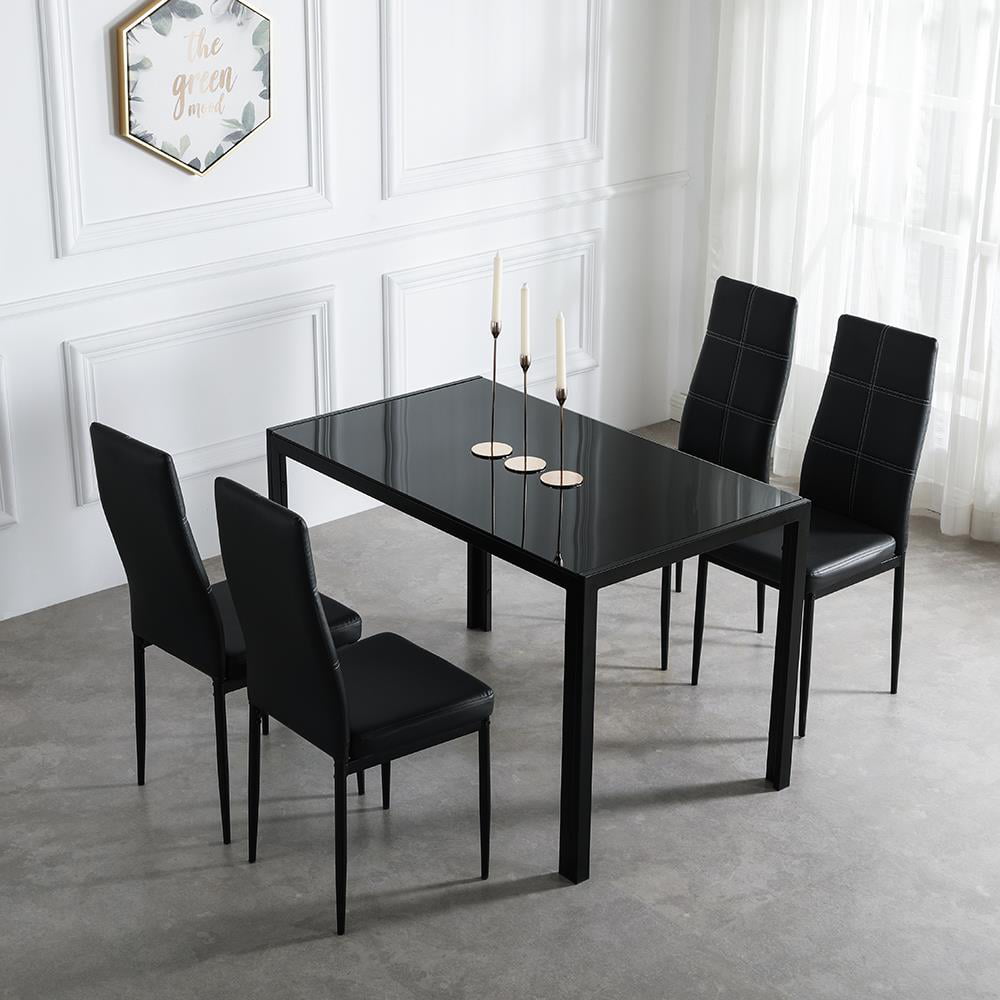 Ktaxon 5 Pieces Dining Room Set Tempered Glass Dining Table with 4 Chairs Dining Room Kitchen Furniture Black