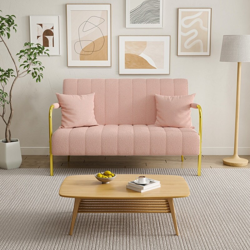 71 inch pink teddy velvet sofa  gold armrests  and pillows