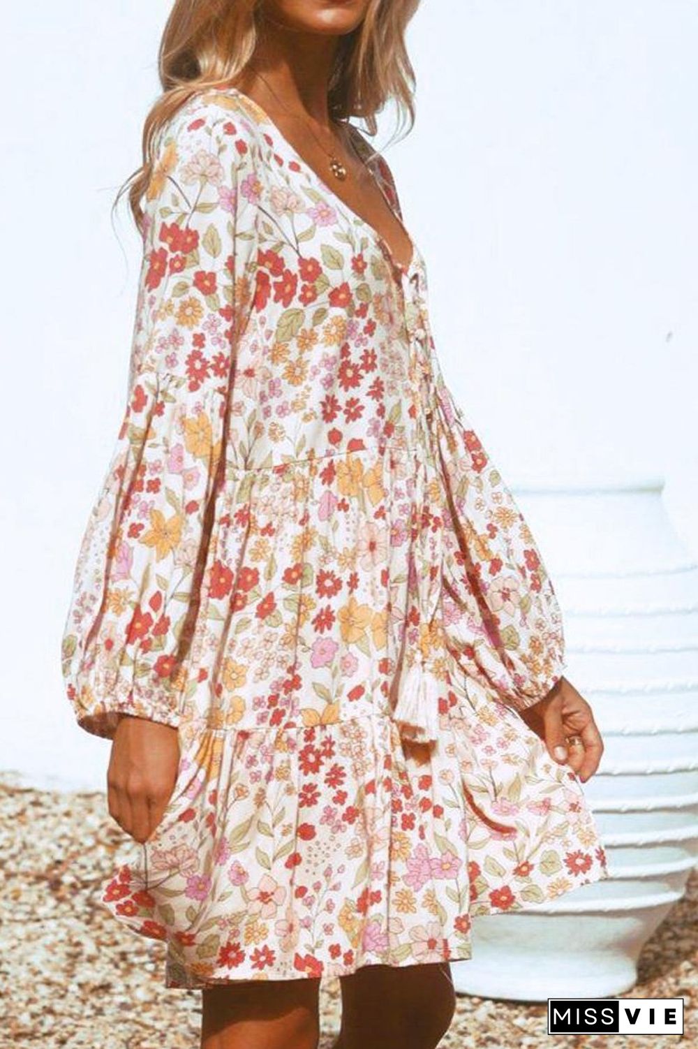 Floral Printed V-Neck Tassel Dress