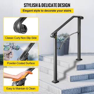 VEVOR 2 ft. Wrought Iron Handrail Fit 2 or 3 Steps Handrails for Outdoor Steps Flexible Porch Railing Black LTFS2H3BHSGM00001V0