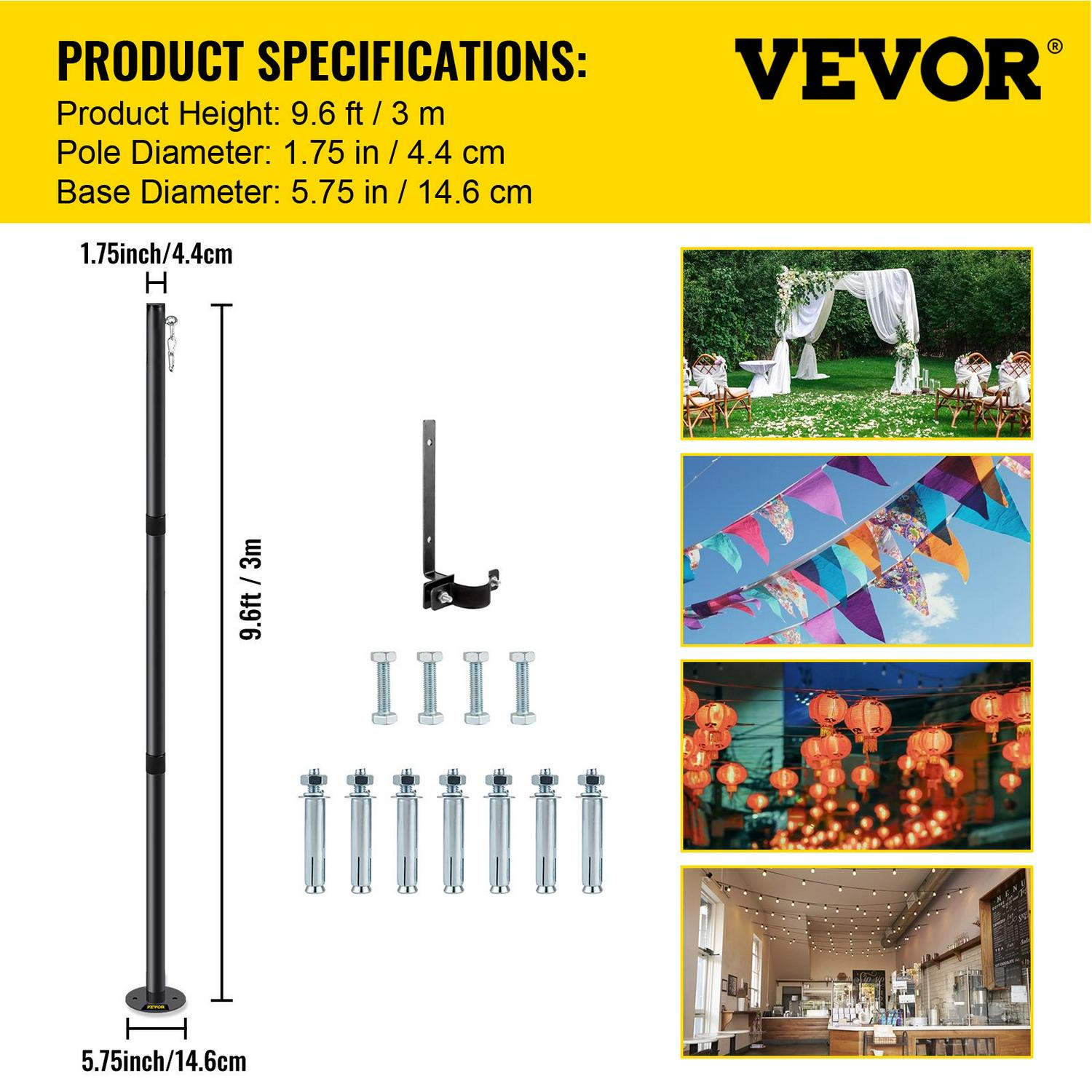 VEVOR String Light Pole， 9.6ft Light String Pole， 1.75in Patio Light Pole， Powder Coated Steel String Light Pole Stand for Outdoor， Metal String Poles with A Clamp Used for Yard， Patio， Wedding， Party