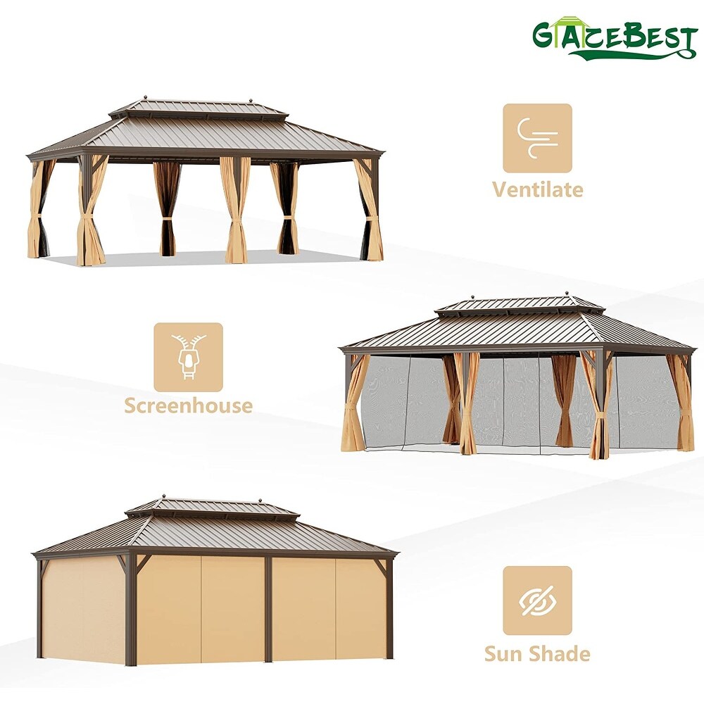 GAZEBEST 14' X 20' Permanent Hardtop Gazebo  Outdoor Galvanized Steel Double Roof Pavilion Pergola Canopy