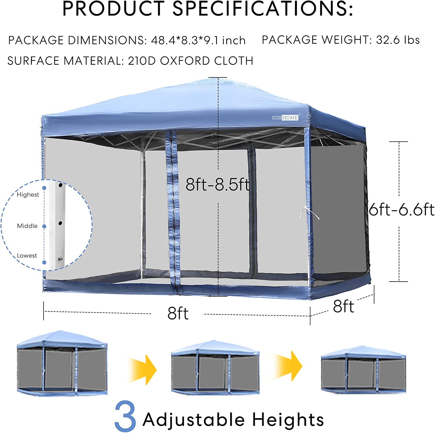 VIVOHOME 210D Oxford Outdoor Easy Pop Up Canopy Screen Party Tent with Mesh Side Walls (8 x 8 FT, Blue)