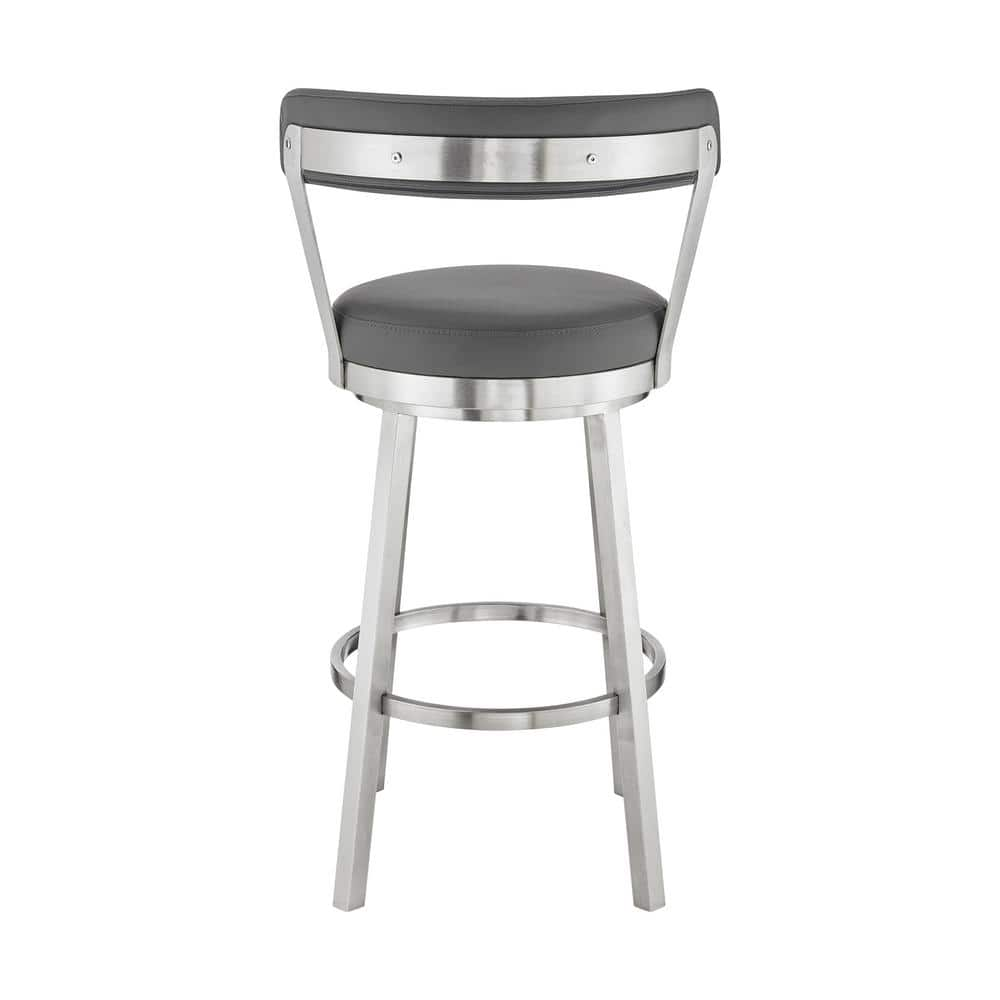 Armen Living Kobe 30 in. Bar Height Low Back Swivel Bar Stool in Brushed Stainless Steel and Grey Faux Leather 721535761814