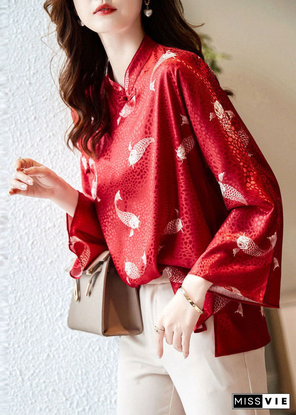 Beautiful Red Stand Collar print Silk Blouse Tops flare sleeve