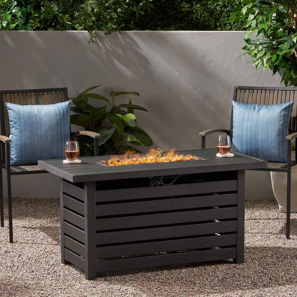 Noble House Rene 47.25 in. W x 24 in. H Outdoor Iron Gas Burning Matte Black Rectangular Fire Pit 69667