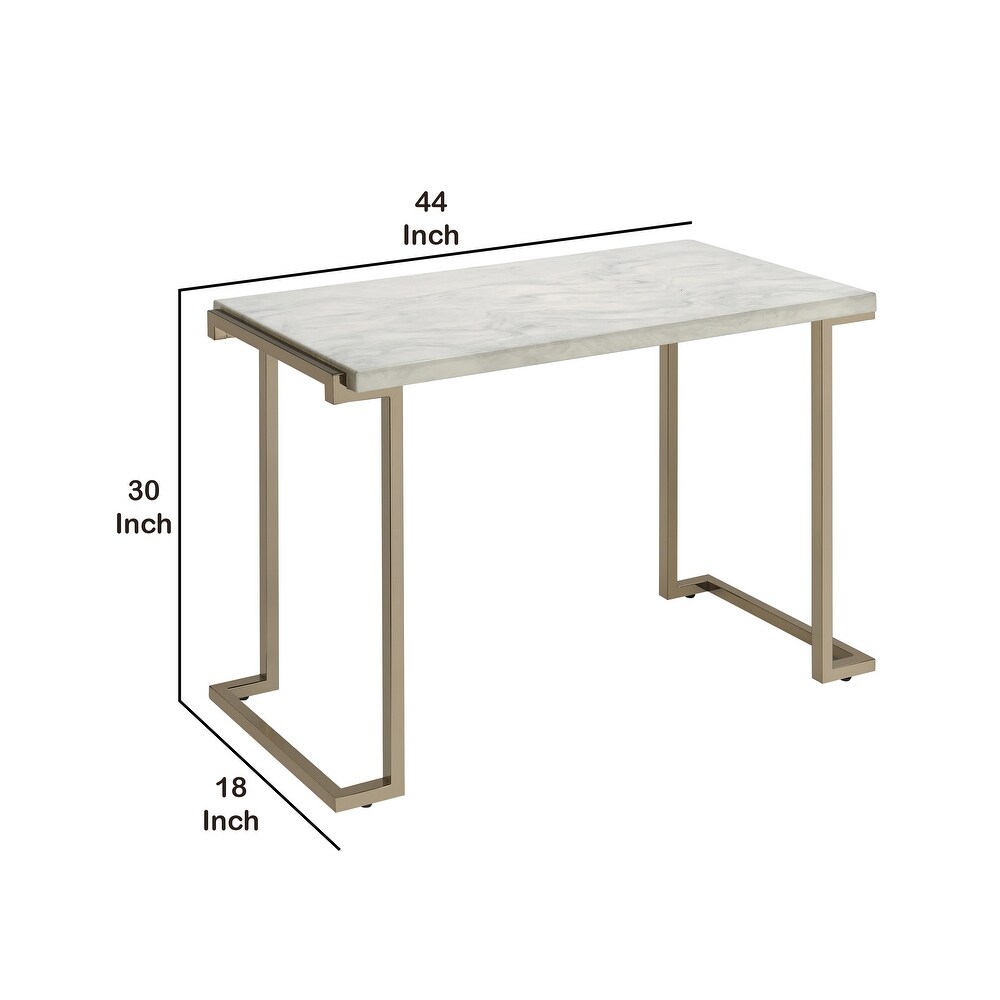 Contemporary Metal Frame Sofa Table with Faux Marble Top  White and Gold   30 H x 18 W x 44 L Inches