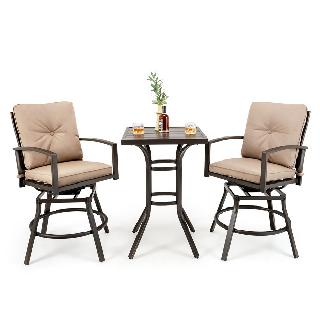 Costway Patio 3pcs Swivel Bar Height Bistro Set Cushioned Table Stools Furniture Outdoor