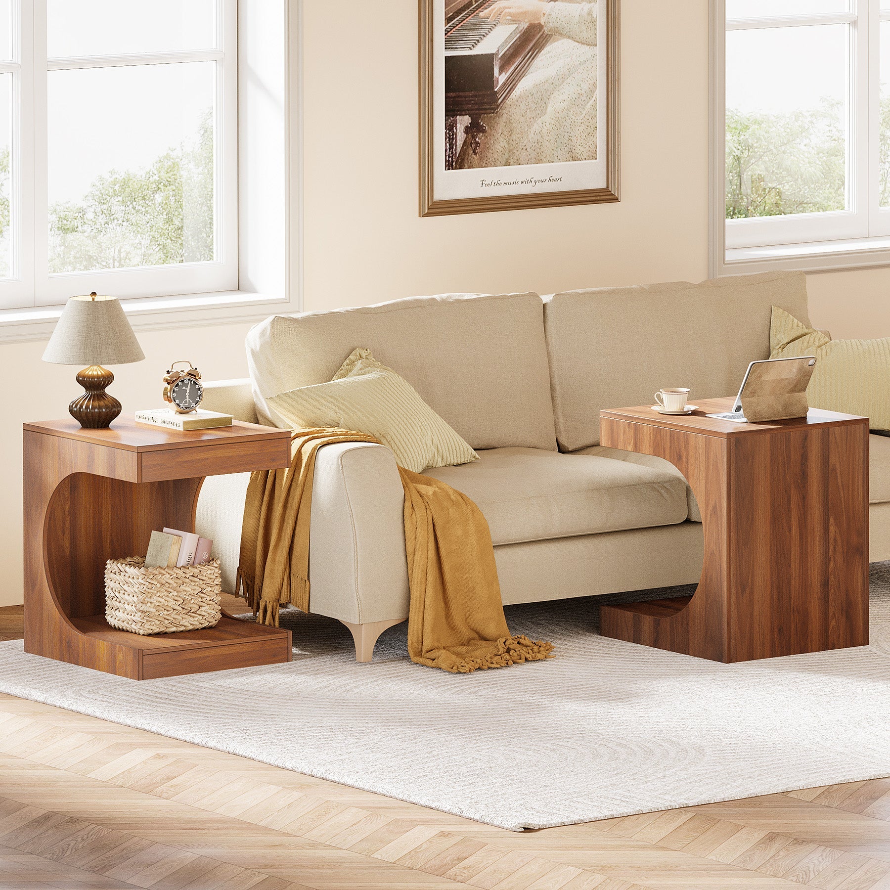 C-Shaped End Table, 2-Tier Wood Side Table Sofa Table