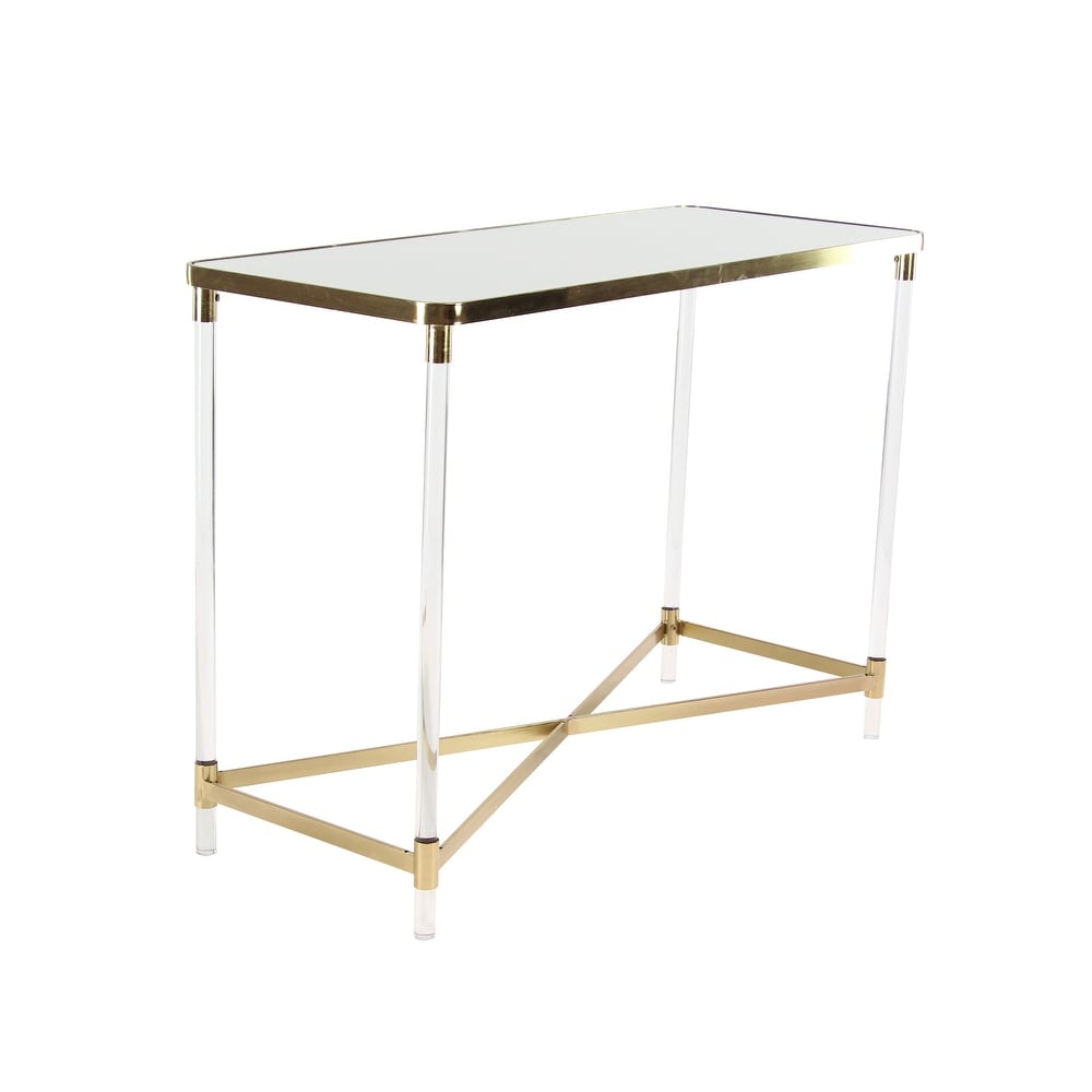 Gold Metal Contemporary Console Table with Mirrored Top and Acrylic Legs