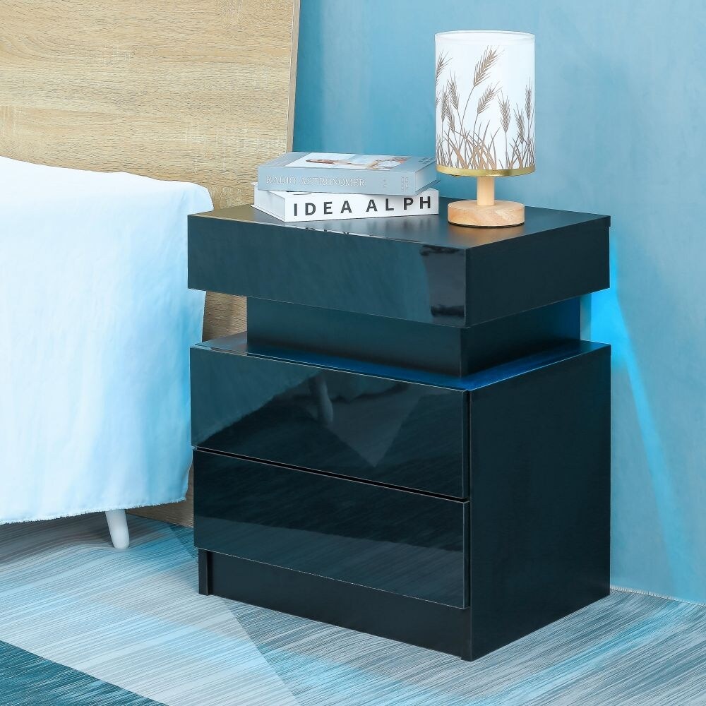 LED Nightstand Modern Black Nightstand with Led Lights with 2 High Gloss Drawers