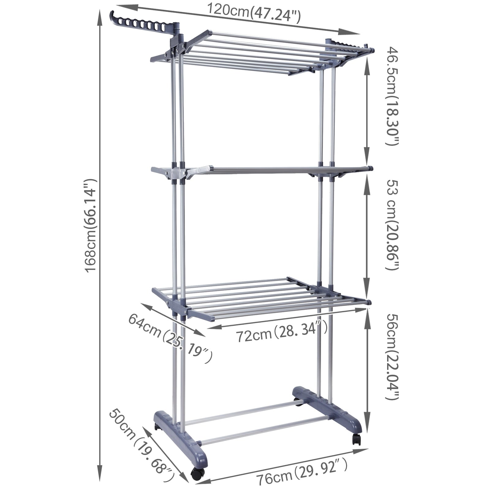 Voilamart Clothes Drying Rack, 3-Tier Collapsible Rolling Dryer Clothes Hanger Adjustable Large Stainless Steel Garment Laundry Racks with Foldable Wings Indoor Outdoor, Gray