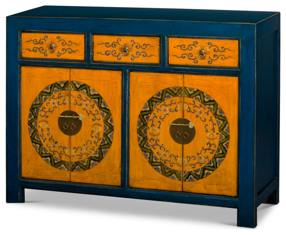 Hand Painted Distressed Blue and Yellow Tibetan Cabinet   Asian   Accent Chests And Cabinets   by China Furniture and Arts  Houzz