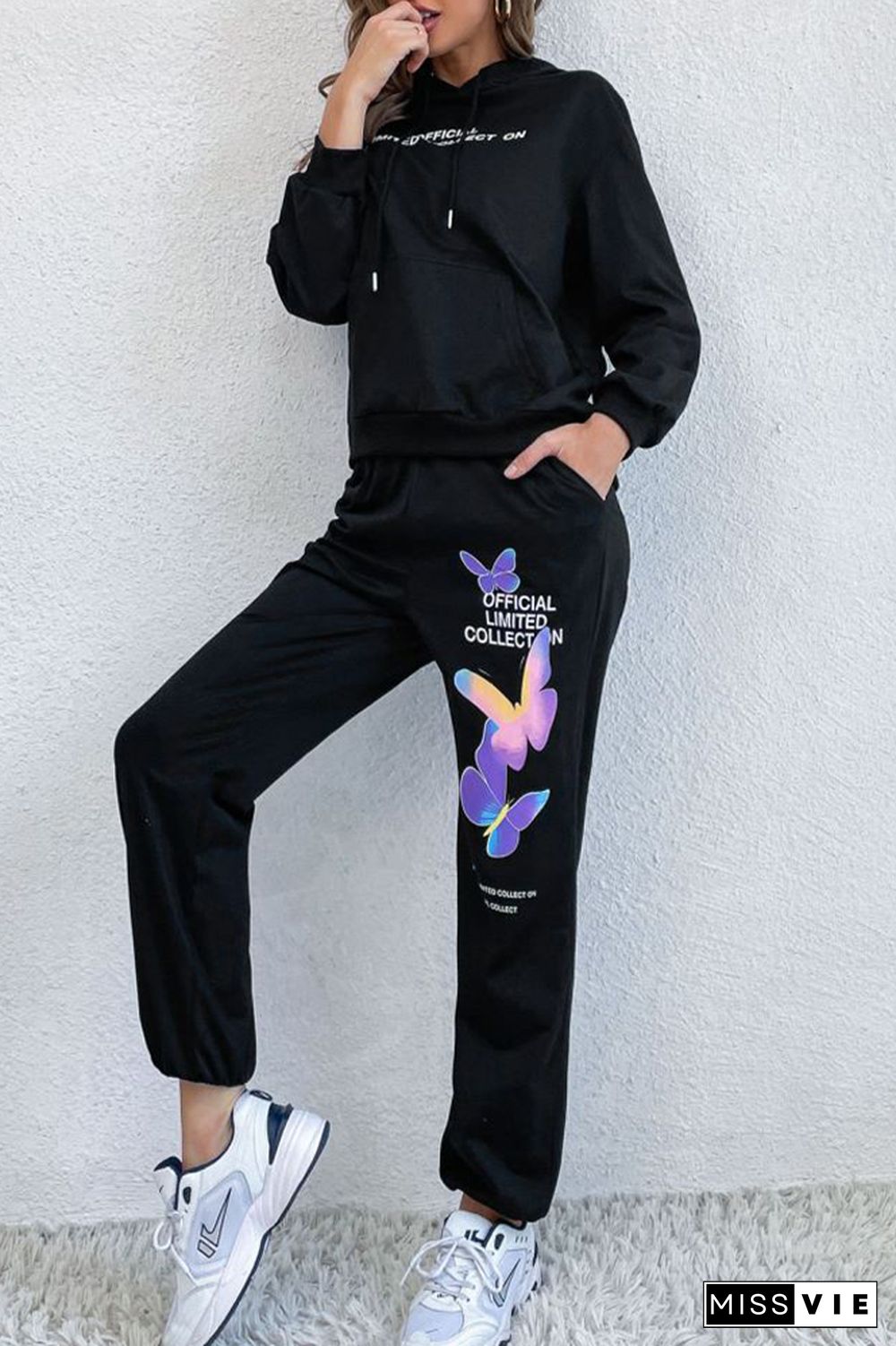 Black Drawstring Hoodie And Printing Pants 2PCS Set