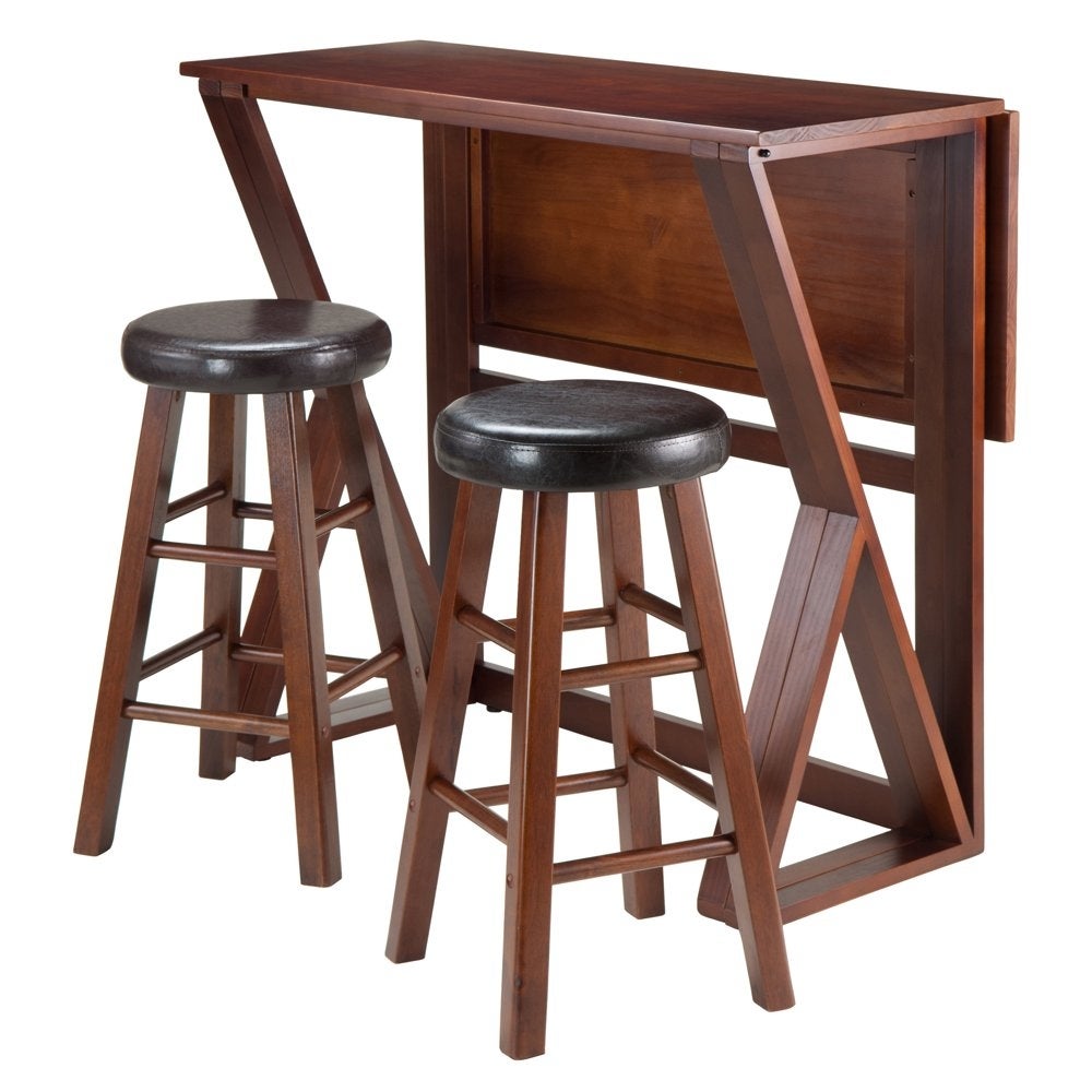 Wood Harrington 3-Pc Set， Drop Leaf Table and 2 Cushion Round Seat Counter Stools， Walnut Finish