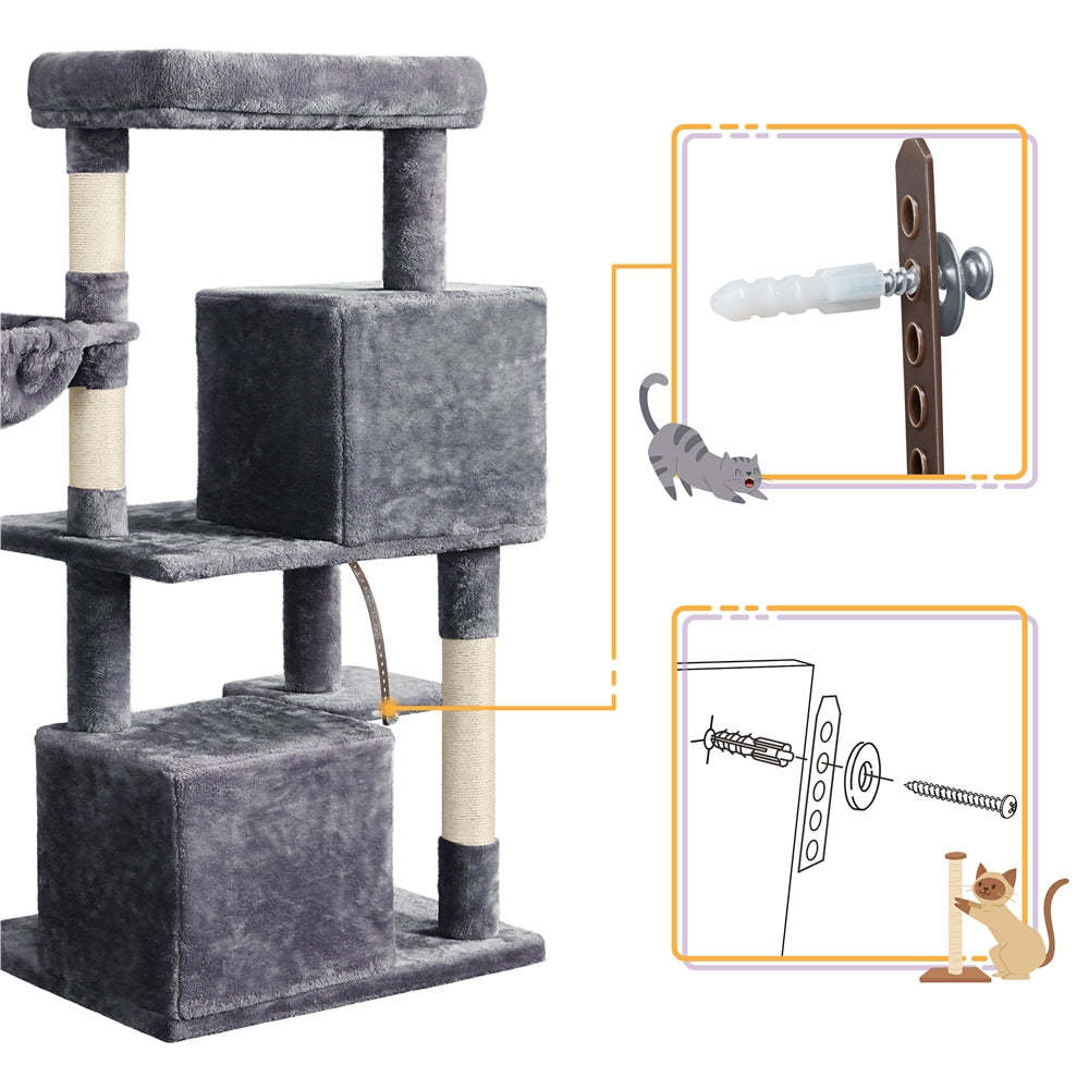 Topeakmart 46.5in Multilevel Cat Tree Condo Scratching Post Tower with Basket， Dark Gray