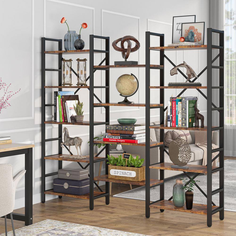 Tribesigns Earlimart 70.9 Vintage Brown Wood Triple Wide 5-Shelf Bookcase Industrial Etagere Large Open Bookshelf for Display TJHD-HOGA-C0222