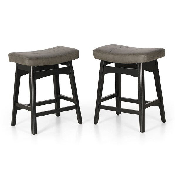 24 Inch Solid Wood Barstools with Linen / PU Leather Fabric Cushion， Set of 2